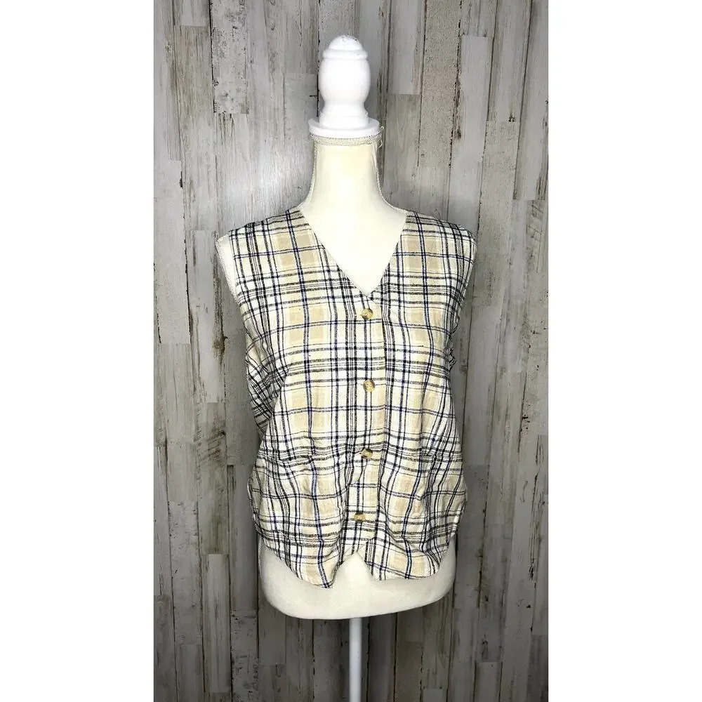 Vintage Silk Exchange Plaid Vest Women's Medium Cream/Blue‎ Button-Up Vest